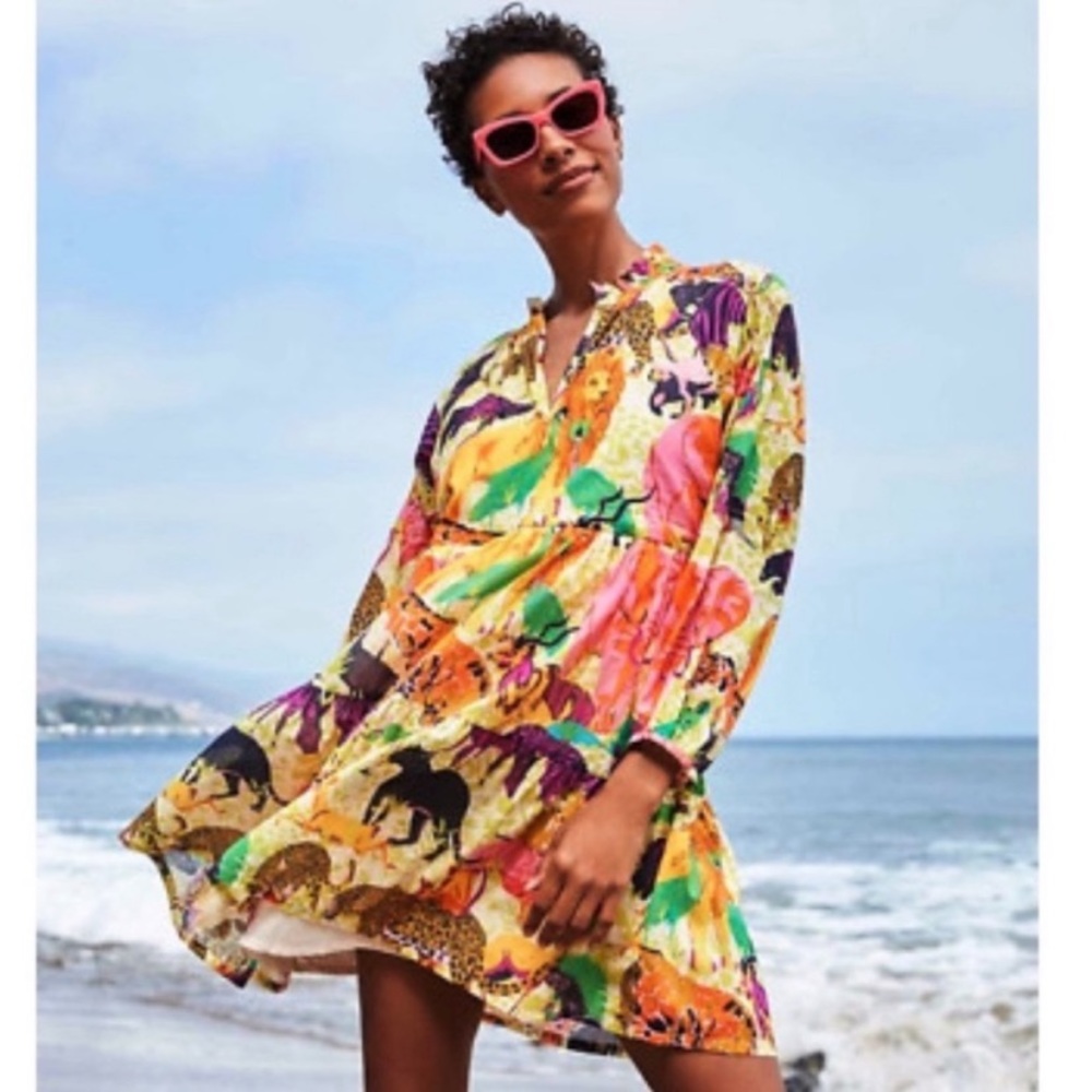 J. Crew Multicolor Animal Print Tiered Mini Dress - Yellow, Pink, Green
